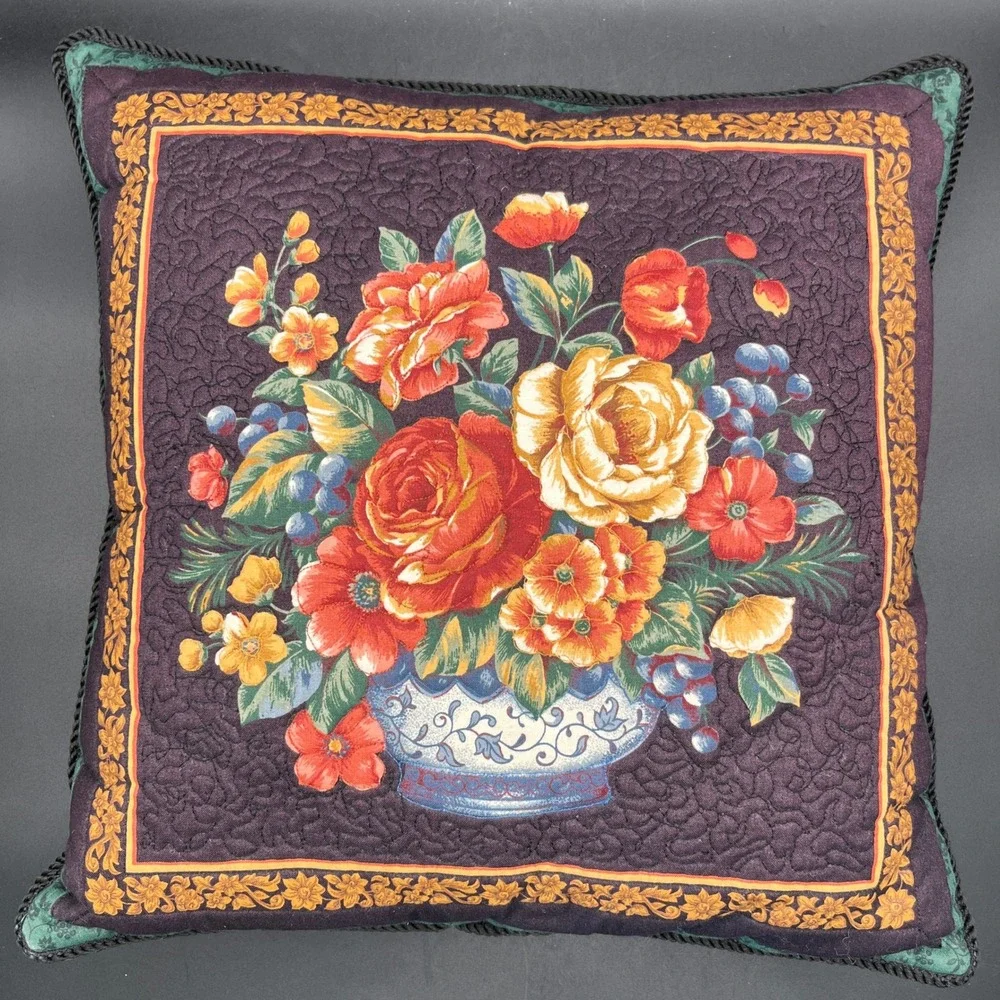 Quilted Floral Still Life Throw Pillows Set of 2 Plum Green 13x13 Vtg Corded